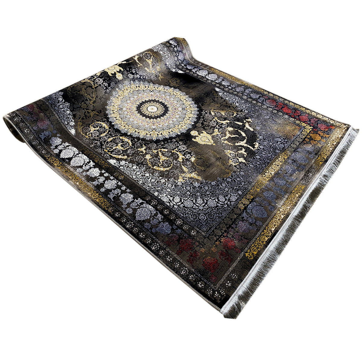 Orientteppich 170x240cm flach ausgebreitet: dunkles Muster mit goldfarbener Bordüre