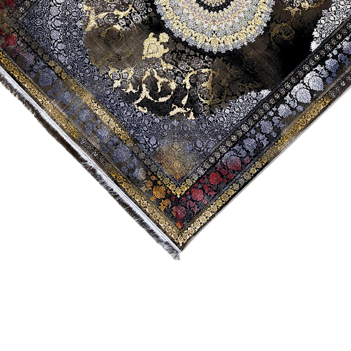Eingewebter Teppich 170x240 cm mit Zierborte am Rand, dunklem Grund und goldenen Mustern