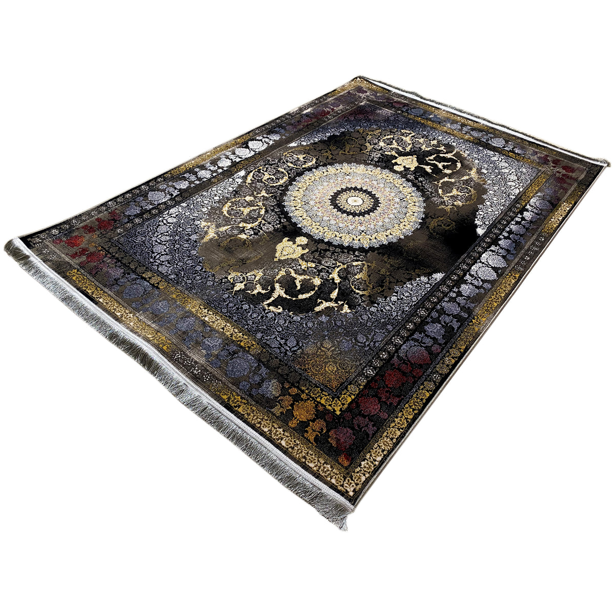 Teppich 170x240 cm: quadratisches Musterfeld mit Kreisornament, dunkle Töne, silberner Fransenrand