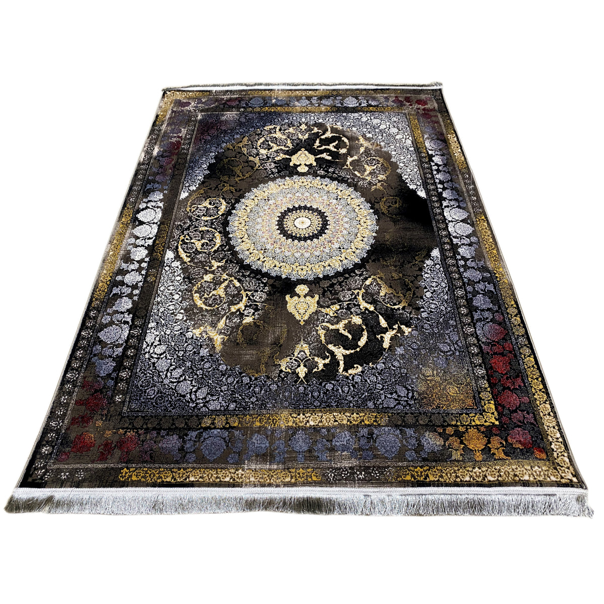 Teppich 170x240 cm aufgerollte Ansicht: dunkles Ornamentfeld, goldene Akzente, silberner Saum