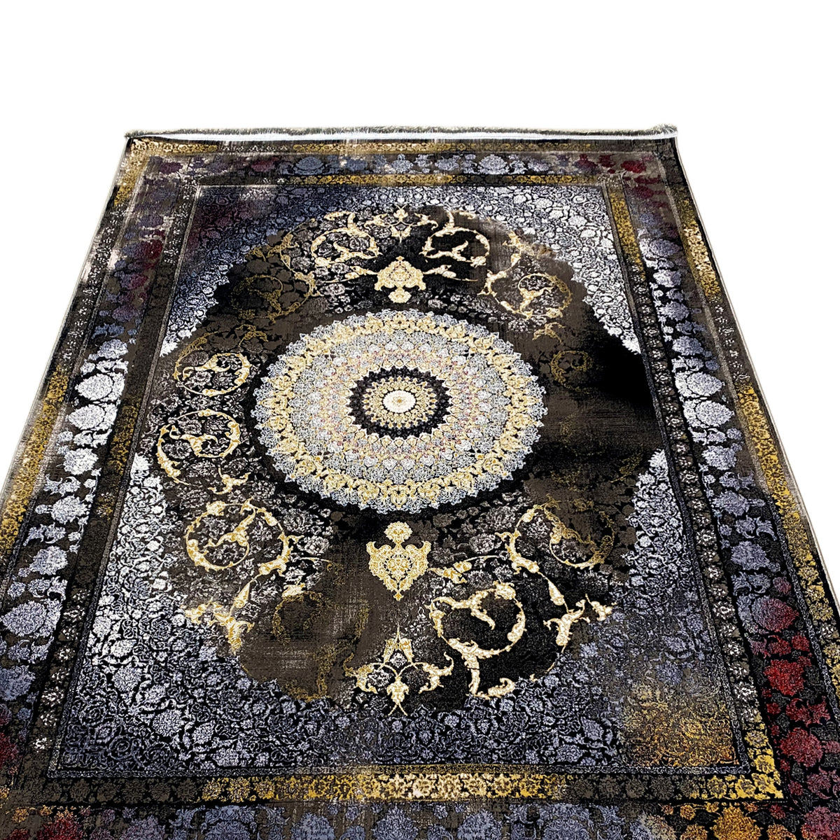 Teppich 170x240 cm: zentrales Medaillon mit goldenen Ornamenten, dunkelblauer Musterrahmen
