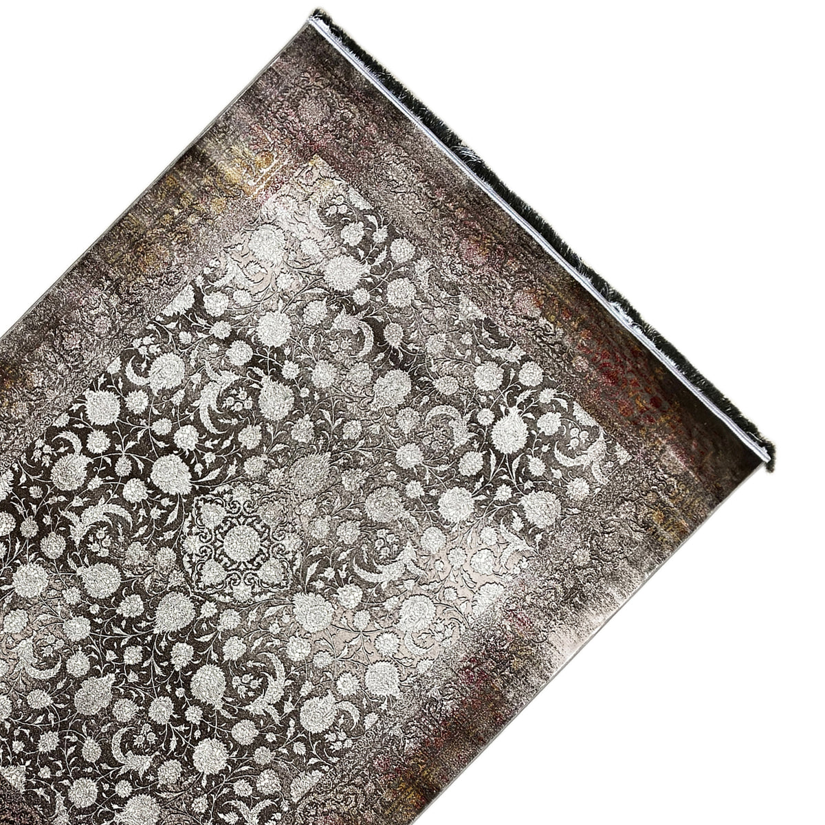 Teppich 170x240 cm diagonal gelegt, Dunkelbraunes Floralmuster mit hellen Akzenten, Fransen