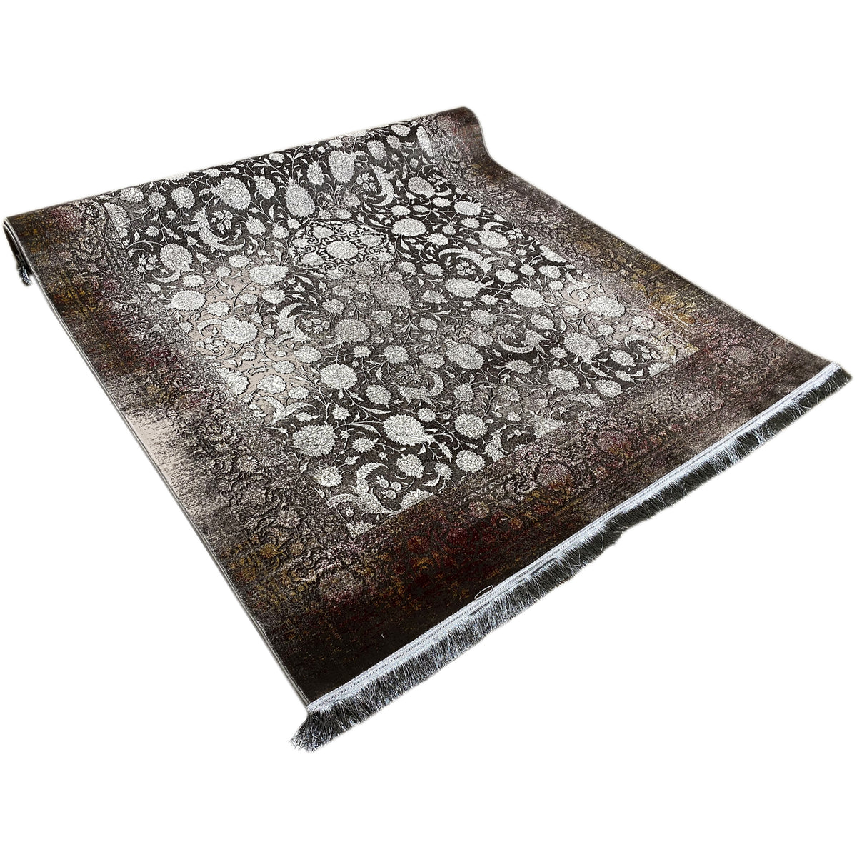 Velours-Teppich 170x240 cm mit silbernem Floralmuster und Fransen