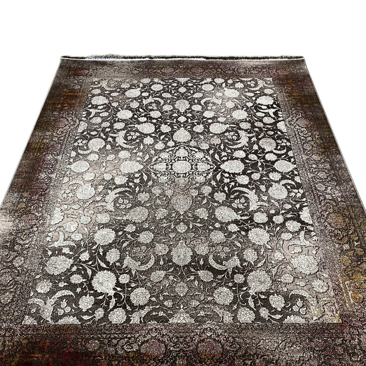 Teppich 170x240 cm von vorn, dunkles Muster mit hellen Kreisen und Ranken, Fransen
