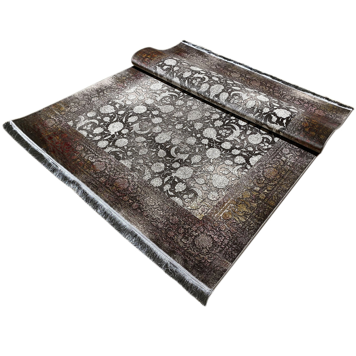 Teppich 170x240 cm mit passendem gerolltem Streifen obenauf, florales Muster, Fransen