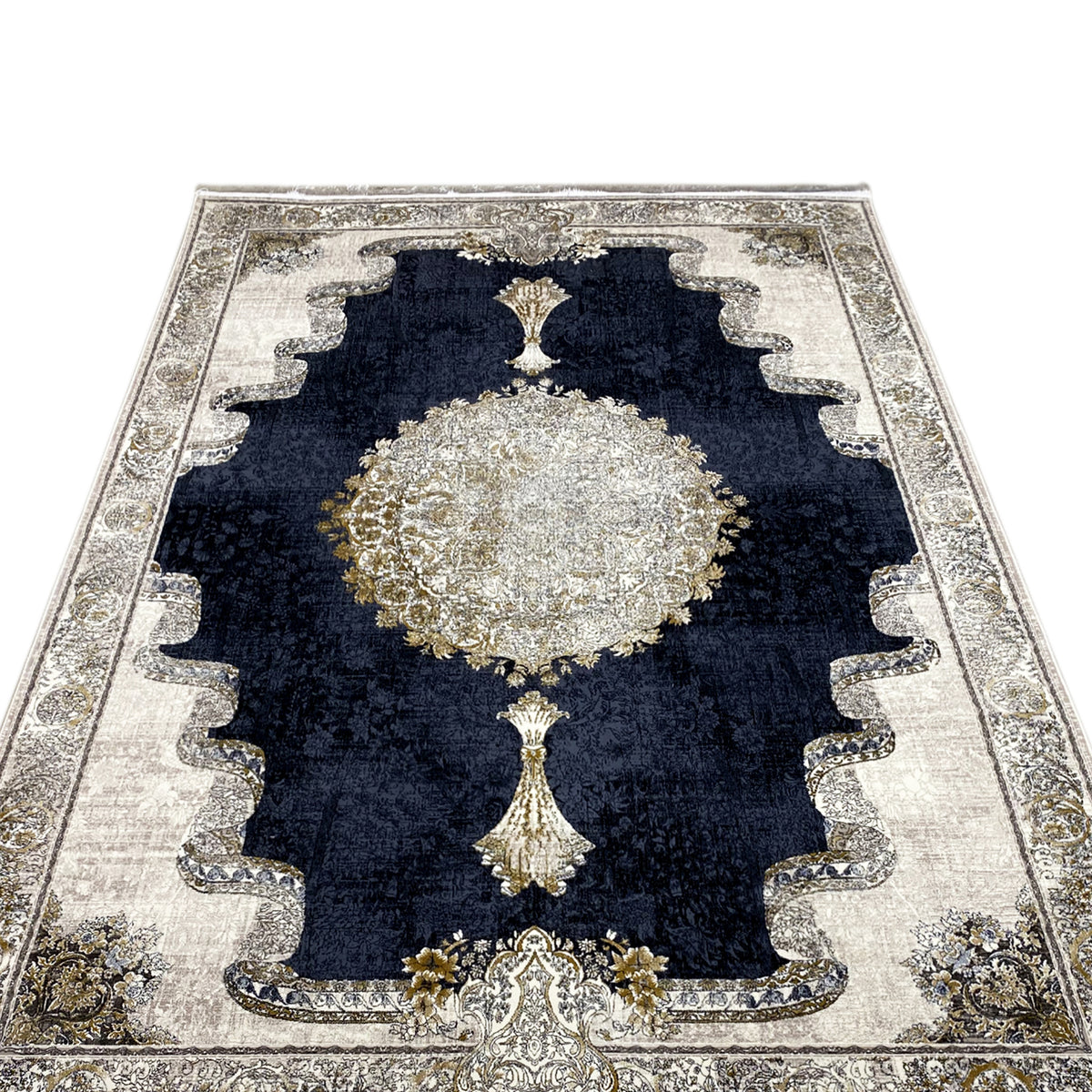 Teppich 170x240 cm mit zentralem Rundornament, dunkelblauer Fläche und Zierrand
