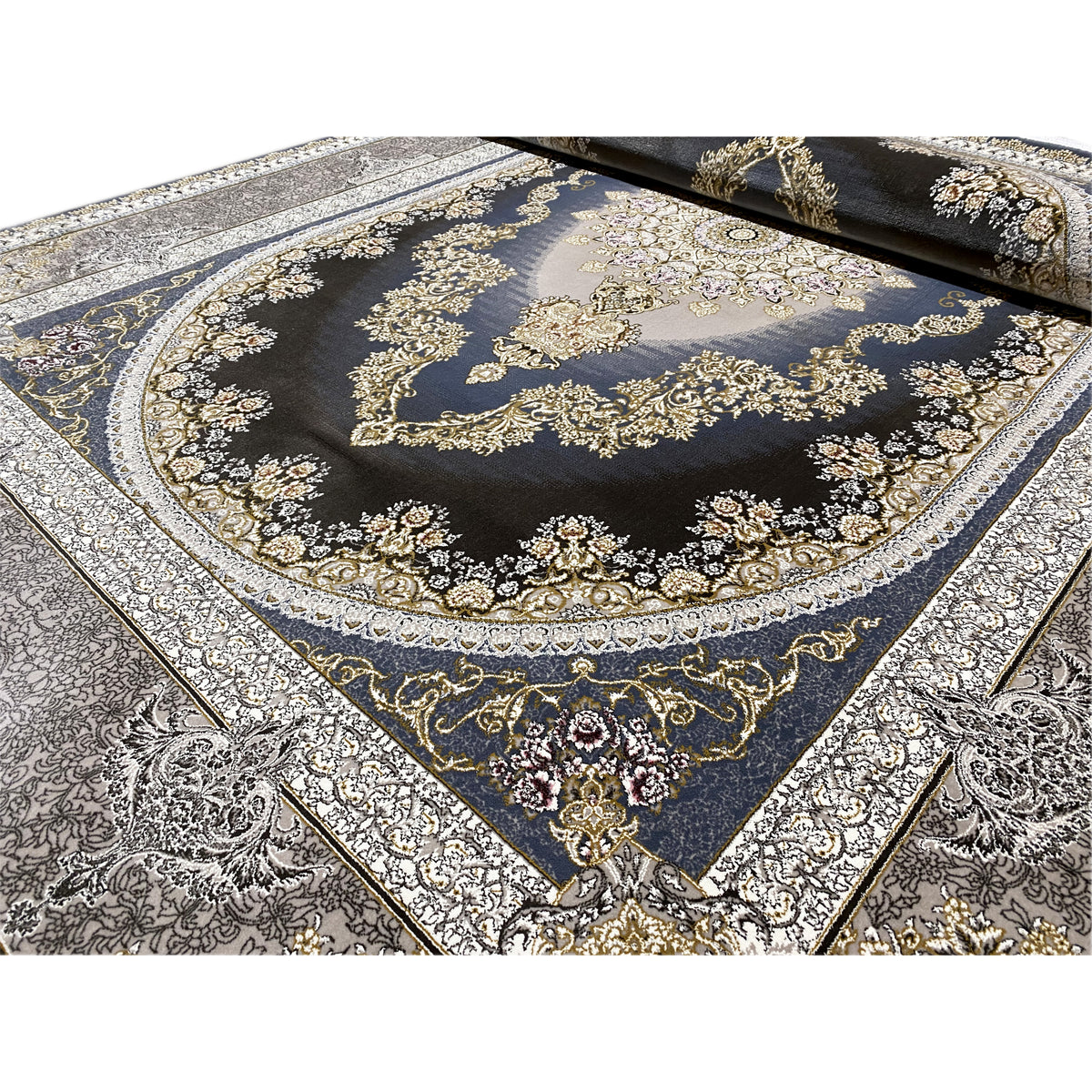 Teppich 170x240 cm mit dunkelblauer Fläche, goldenen Ornamenten und silbernem Rand