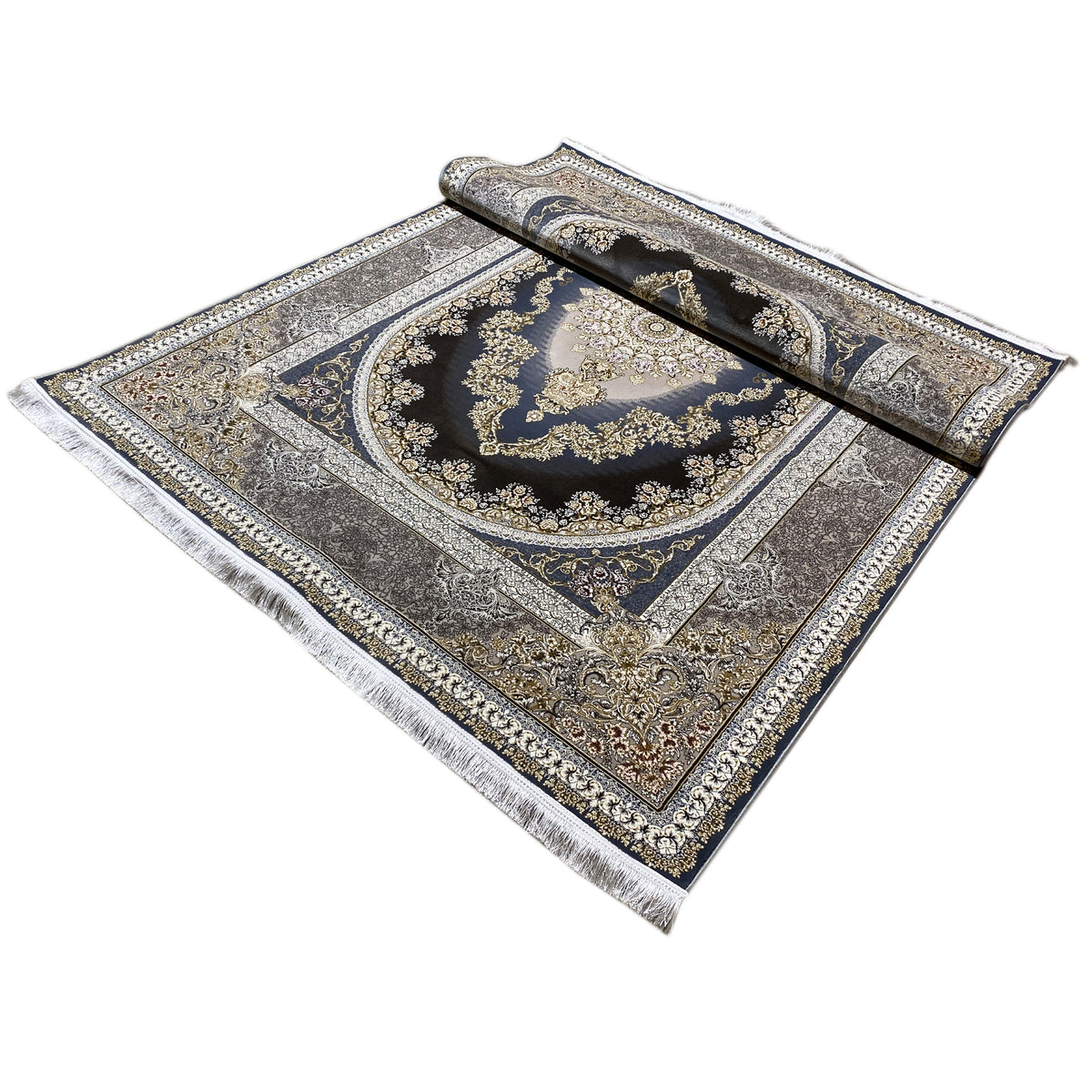 Orientteppich 170x240 cm mit aufgerollter Fläche, Bordüre in Silber und Gold, dunkelblaues Muster