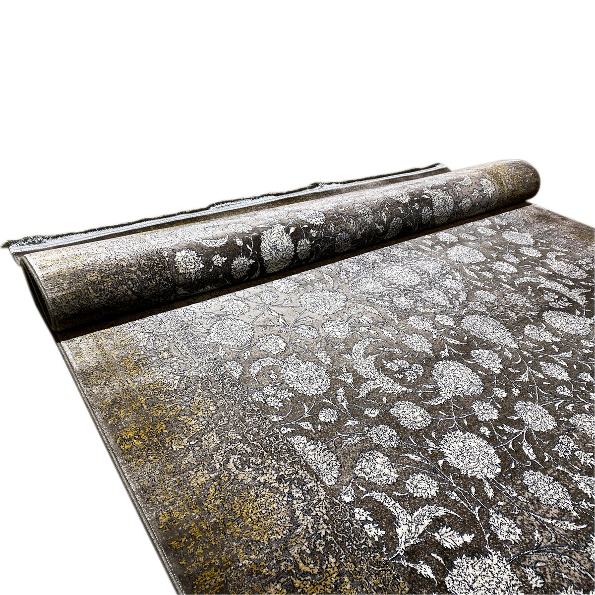 Teppich „Ewiger Herbst“ 170x240 cm, gerollte Ecke mit floralen Ornamenten in Silber auf Grau