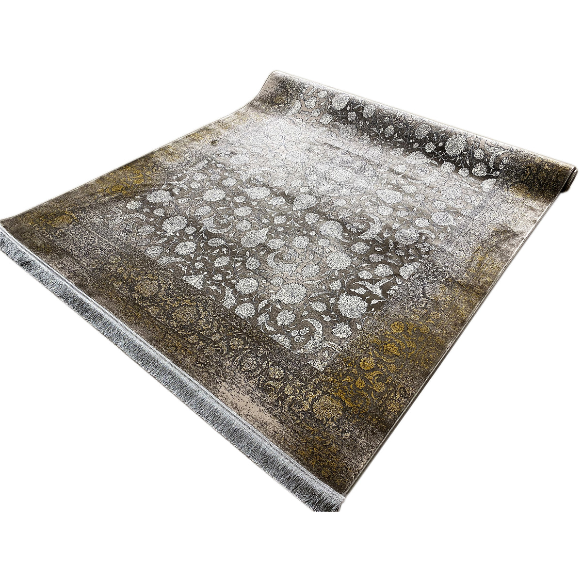 Teppich 170x240 cm, florales Ornamentmuster grau/silber mit goldbraunen Akzenten, Fransenrand