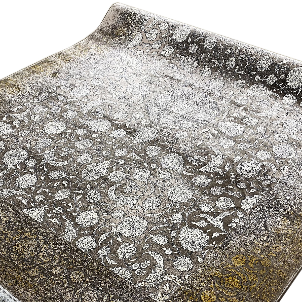 Teppich 170x240 cm, Nahansicht florales Muster in Grau/Silber auf dunklem Untergrund