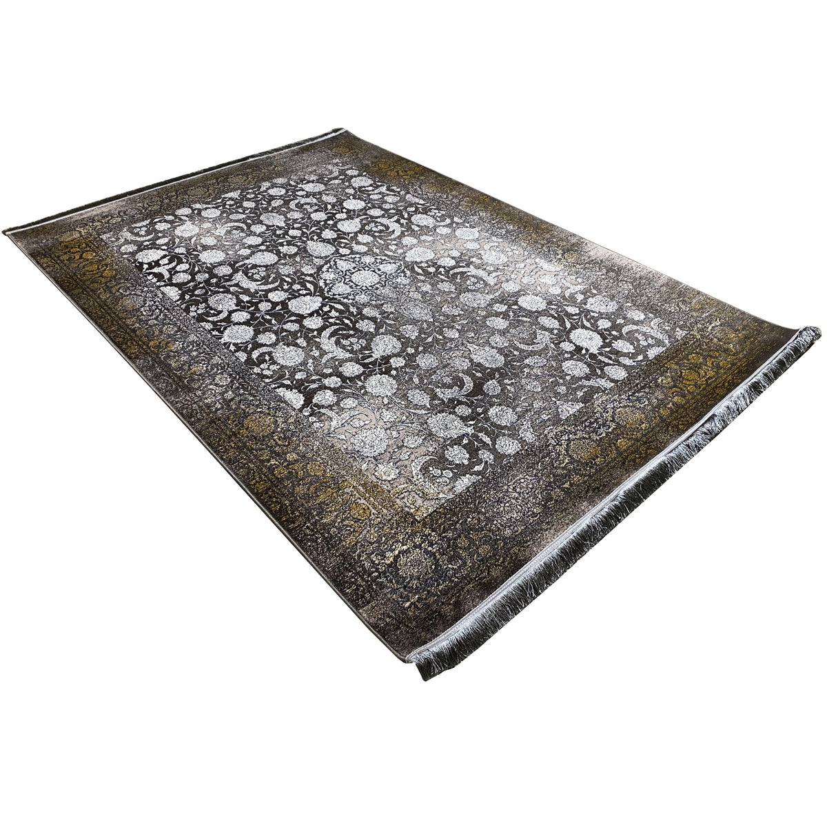 Teppich „Ewiger Herbst“ 170x240 cm, diagonale Ansicht mit floralen Ornamenten in Silber und Dunkelgrau