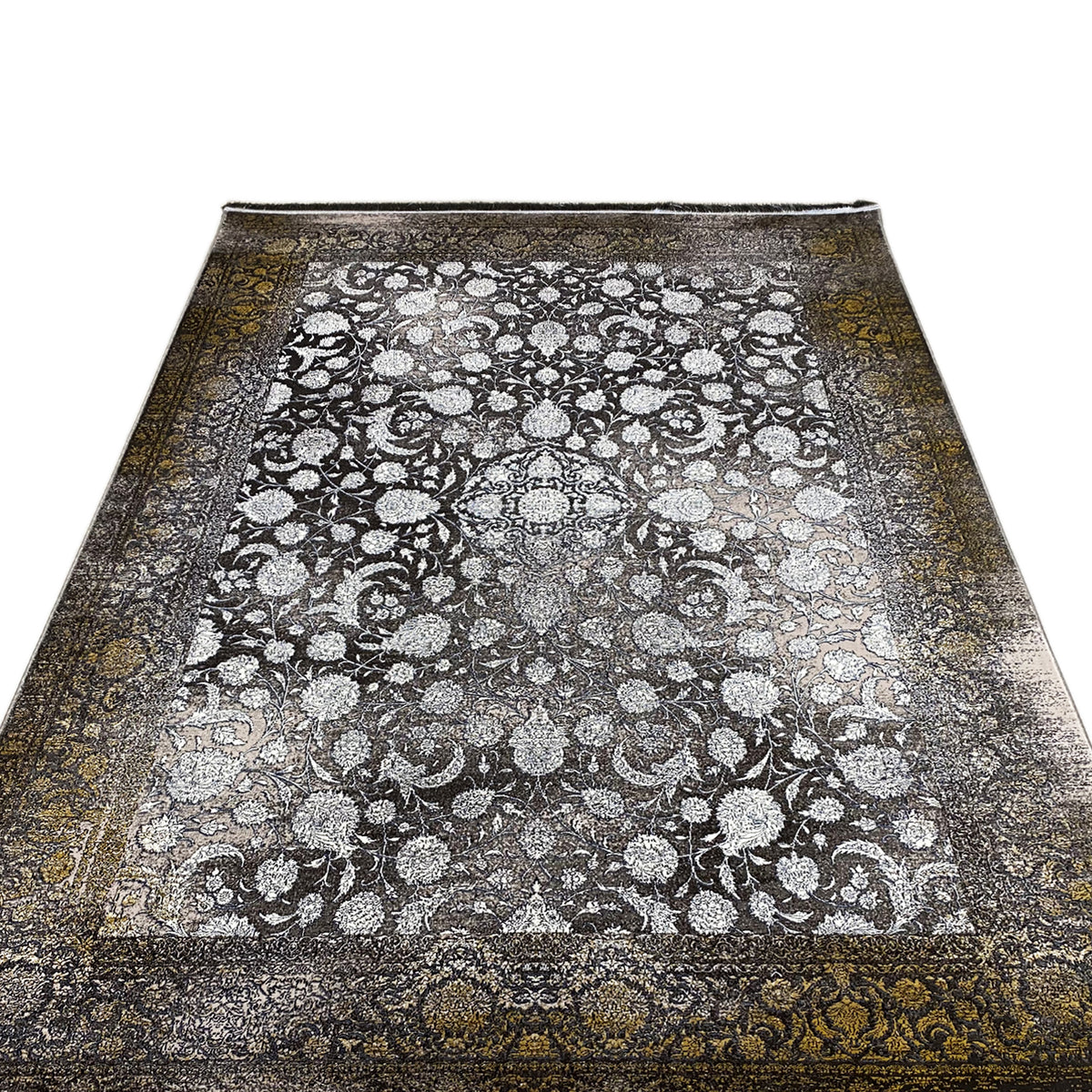 Teppich „Ewiger Herbst“ 170x240 cm, Vorderansicht: dichtes Blumenornament in Silber auf Grau
