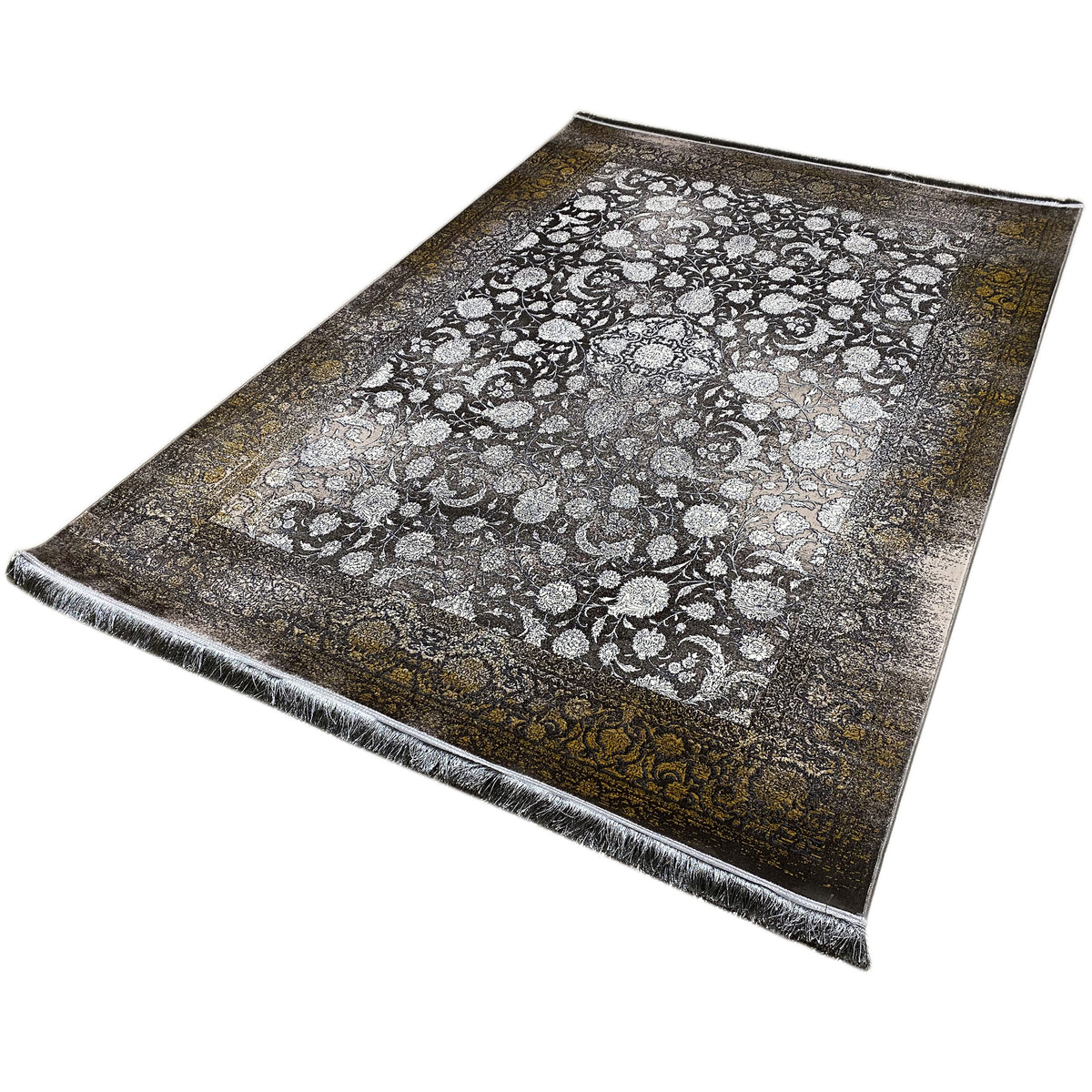 Teppich „Ewiger Herbst“ 170x240 cm, schräg liegend mit Fransen und goldbraunem Seitenrand