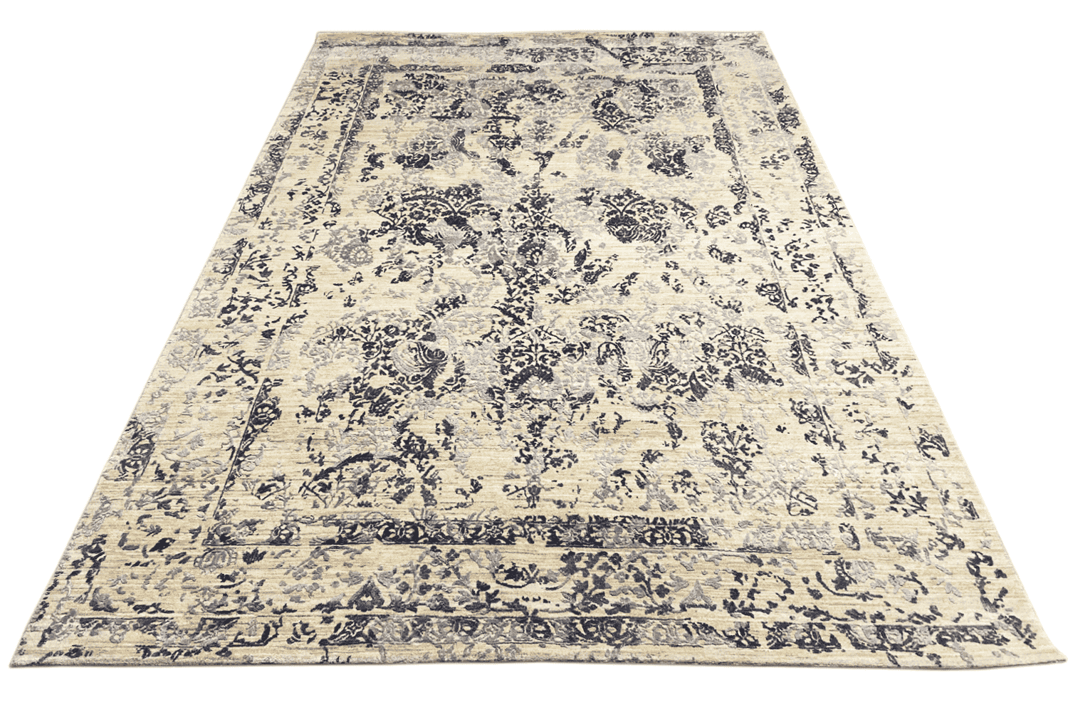 Moderner Beiger und Navy Blauer Designer Teppich - Handgefertigt aus Wolle/Viskose, 304x205 cm (8x10 ft) - German Carpet Shop