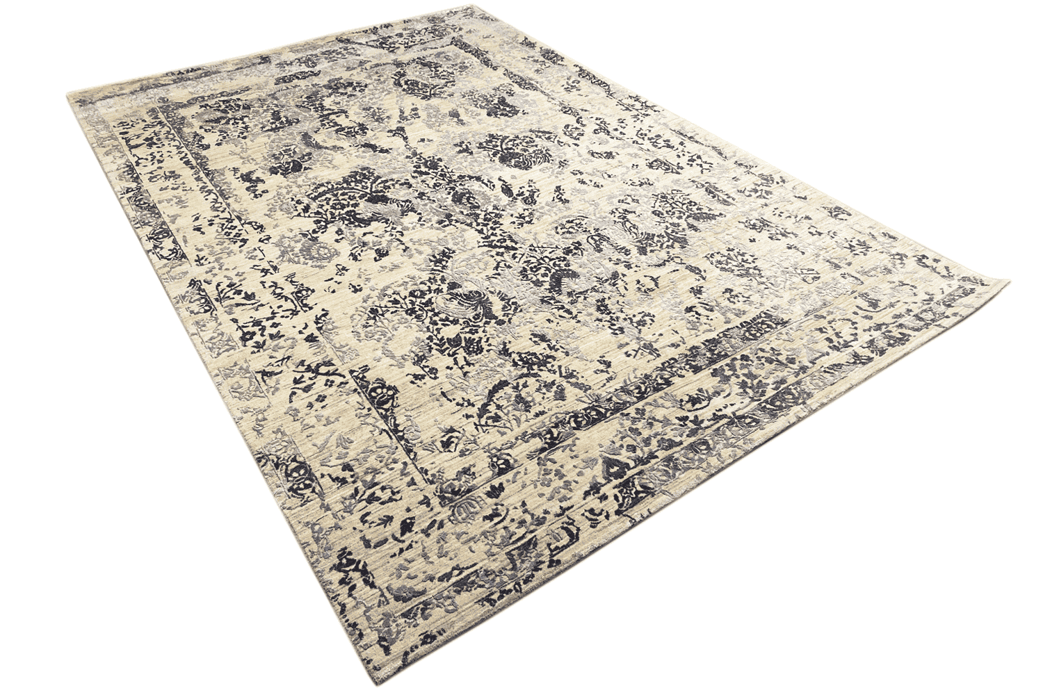 Moderner Beiger und Navy Blauer Designer Teppich - Handgefertigt aus Wolle/Viskose, 304x205 cm (8x10 ft) - German Carpet Shop