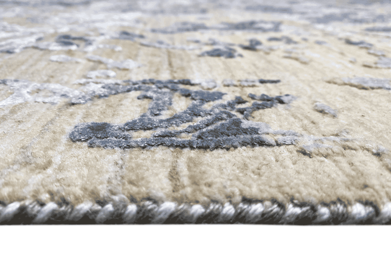 Moderner Beiger und Navy Blauer Designer Teppich - Handgefertigt aus Wolle/Viskose, 304x205 cm (8x10 ft) - German Carpet Shop