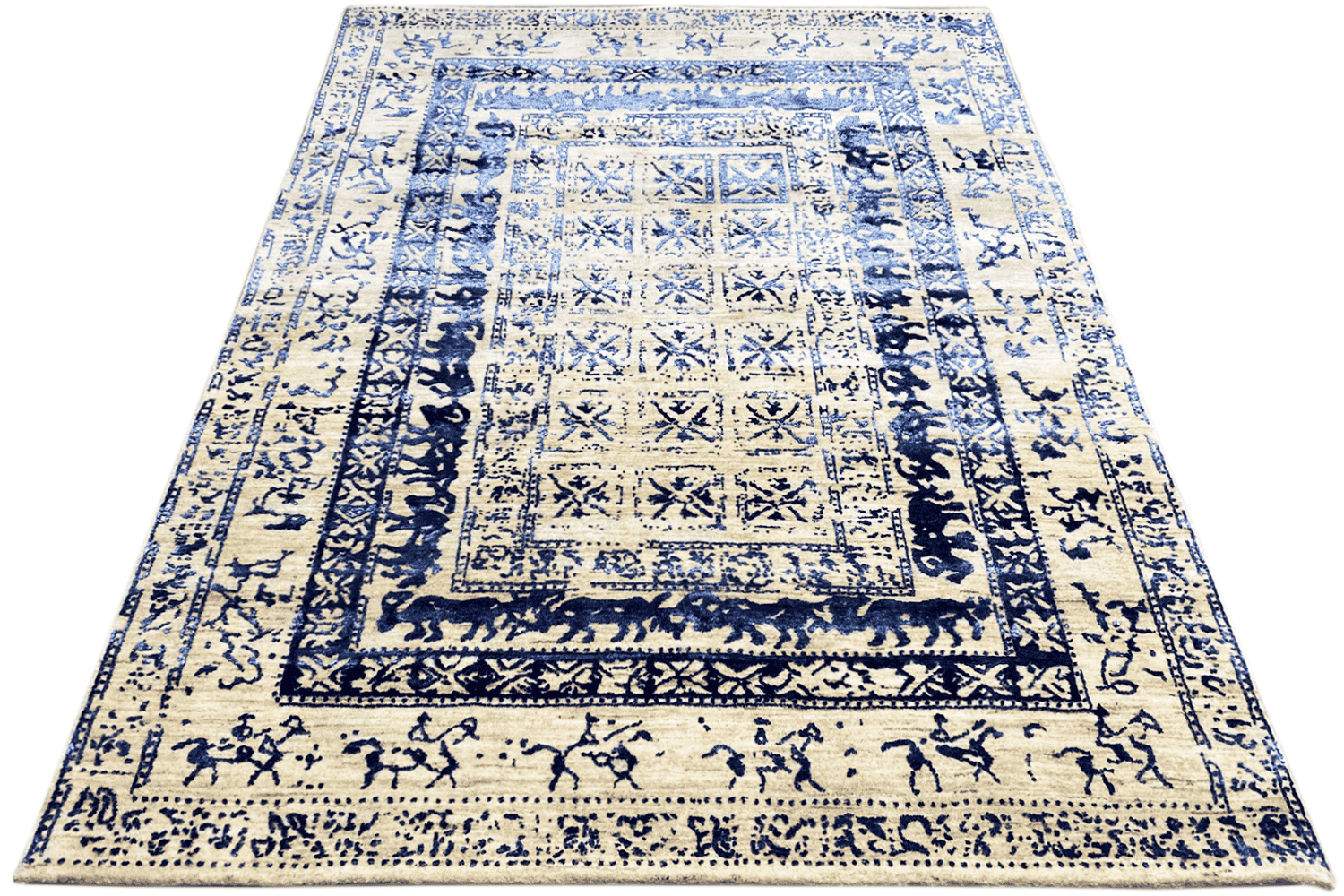 Moderner Beiger und Blauer Designer Teppich - Handgefertigt aus Wolle/Viskose, 235x171 cm (8x5.6 ft) - German Carpet Shop