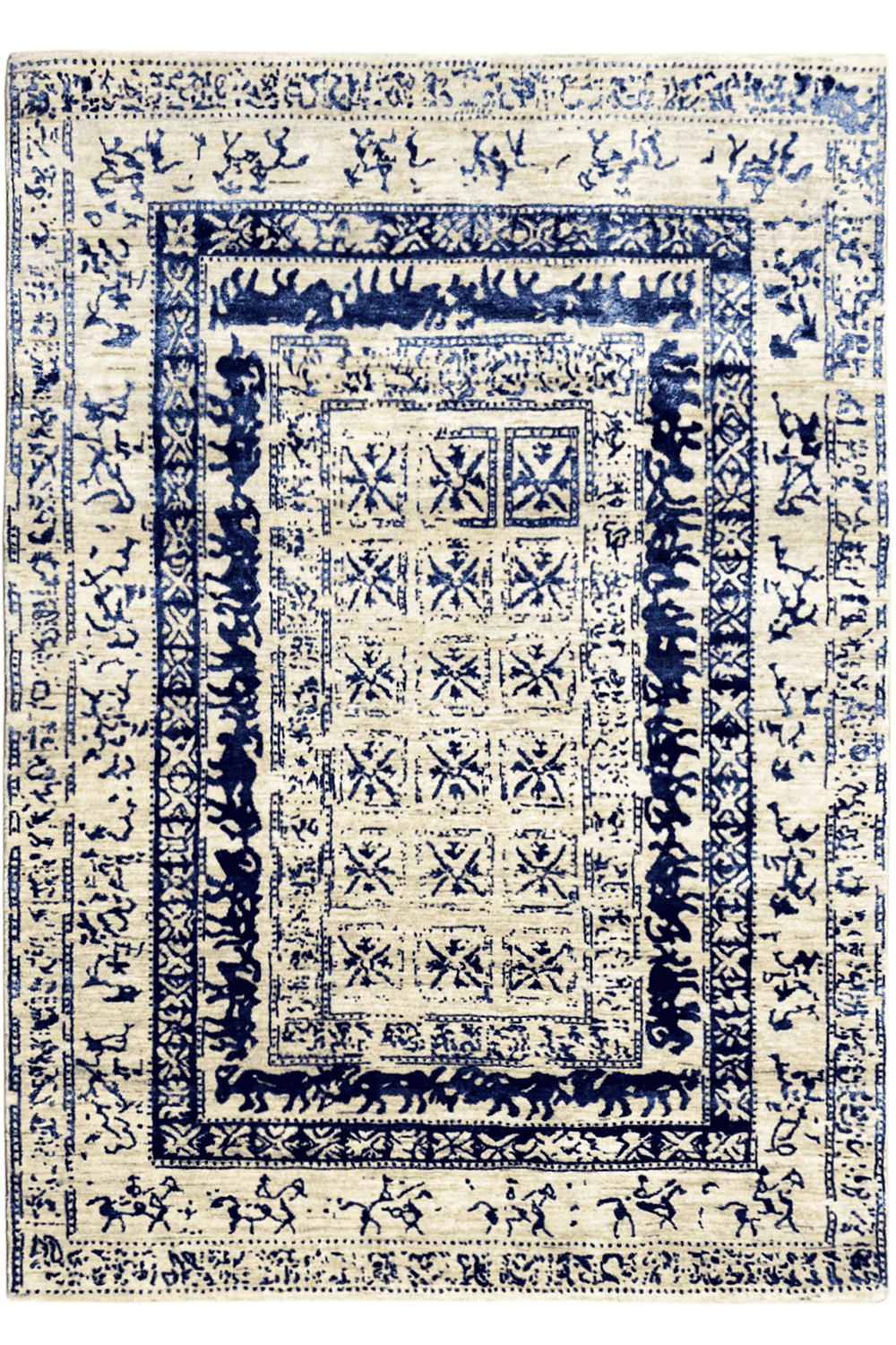 Moderner Beiger und Blauer Designer Teppich - Handgefertigt aus Wolle/Viskose, 235x171 cm (8x5.6 ft) - German Carpet Shop