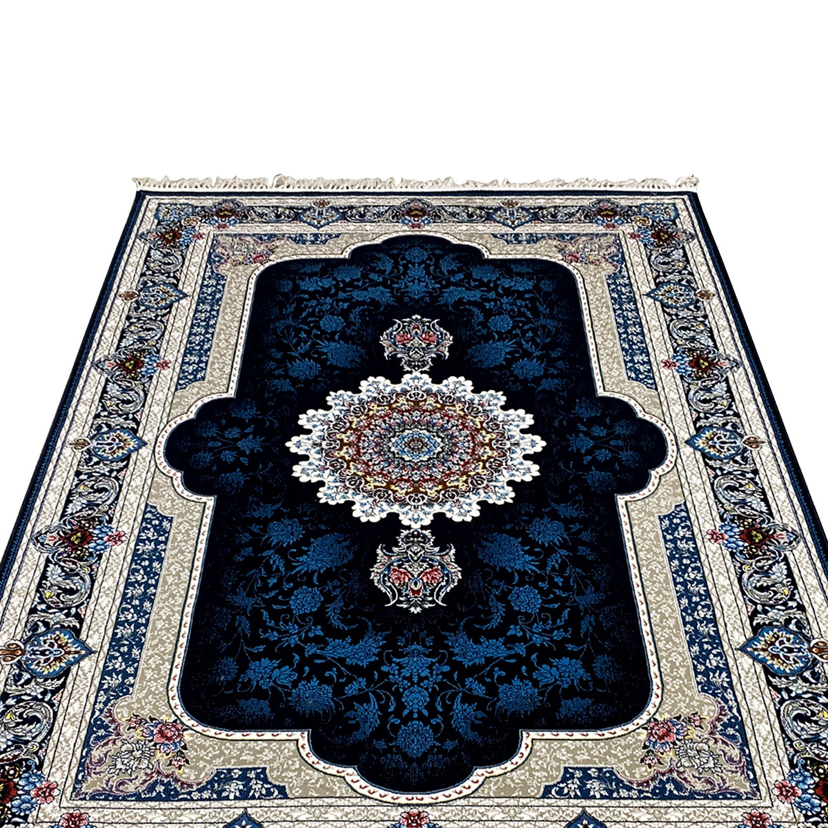 Nahansicht: Orientteppich in Marineblau mit großem Ziermedaillon und floralen Motiven