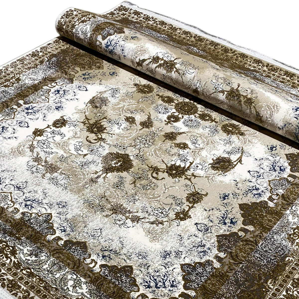 Teppich 170x240 cm, eingewickelt: Ornamente in Creme, Braun und Blau sichtbar