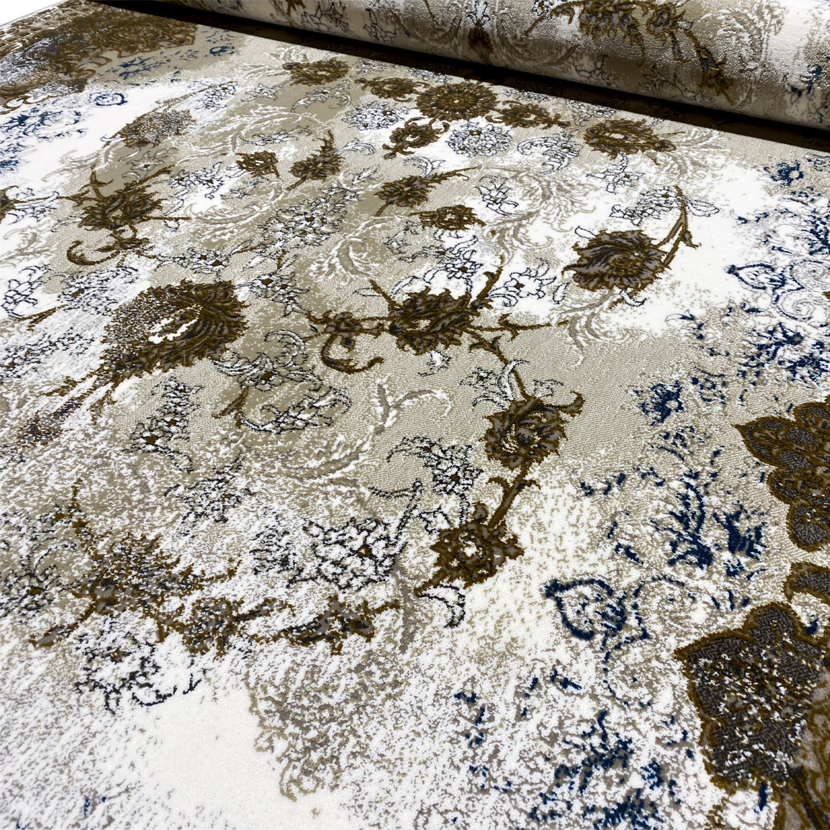Beiger Teppich mit goldbraunem und blauem Ornamente-Design, Nahaufnahme der Oberfläche