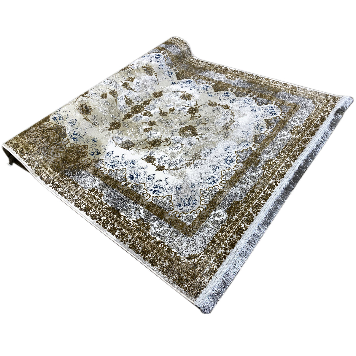 Beiger Teppich 170x240 cm mit goldbraunem und blauem Ornamentmuster, ausgebreitet