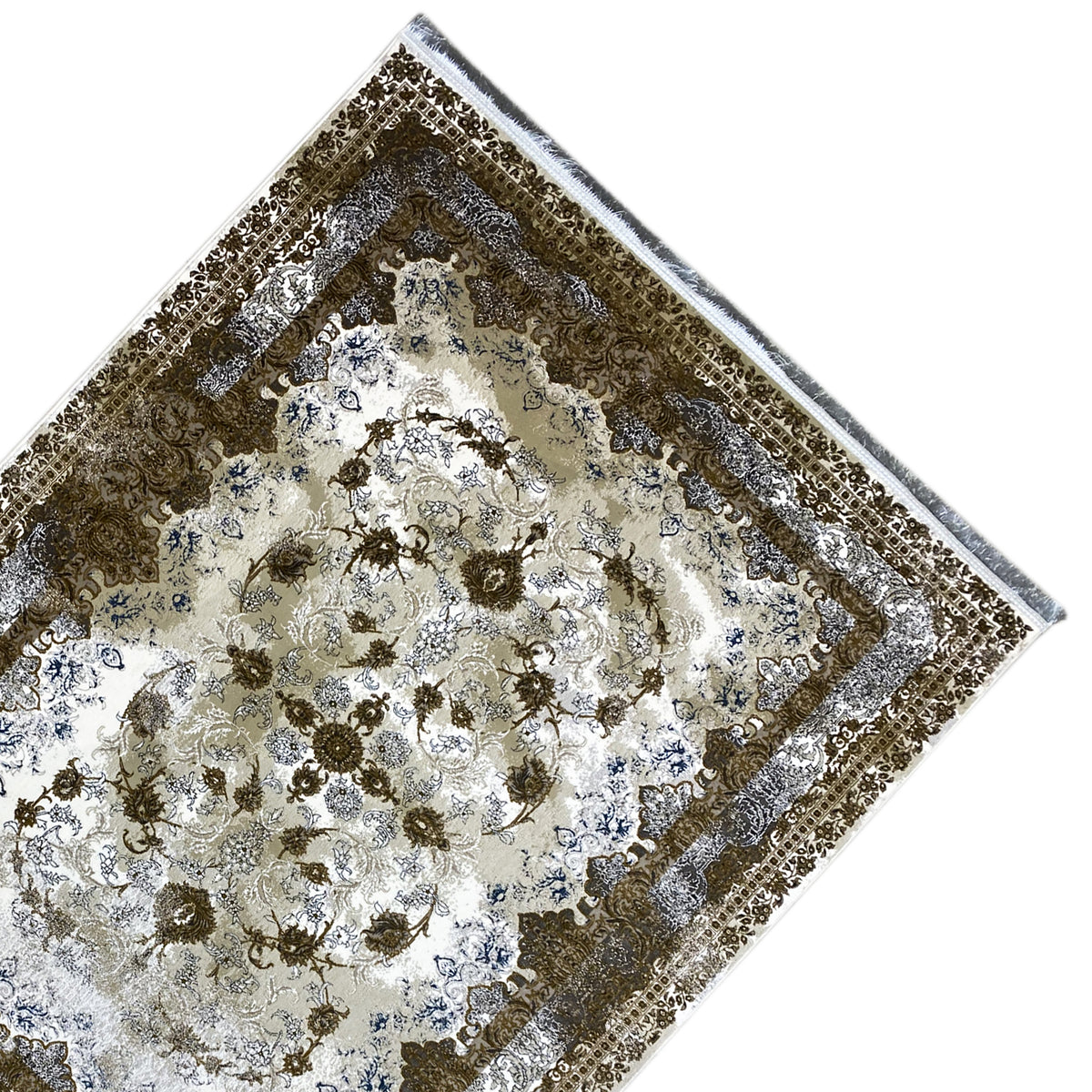 Teppich 170x240 cm, diagonale Ansicht: cremefarbenes Ornament in Braun und Blau