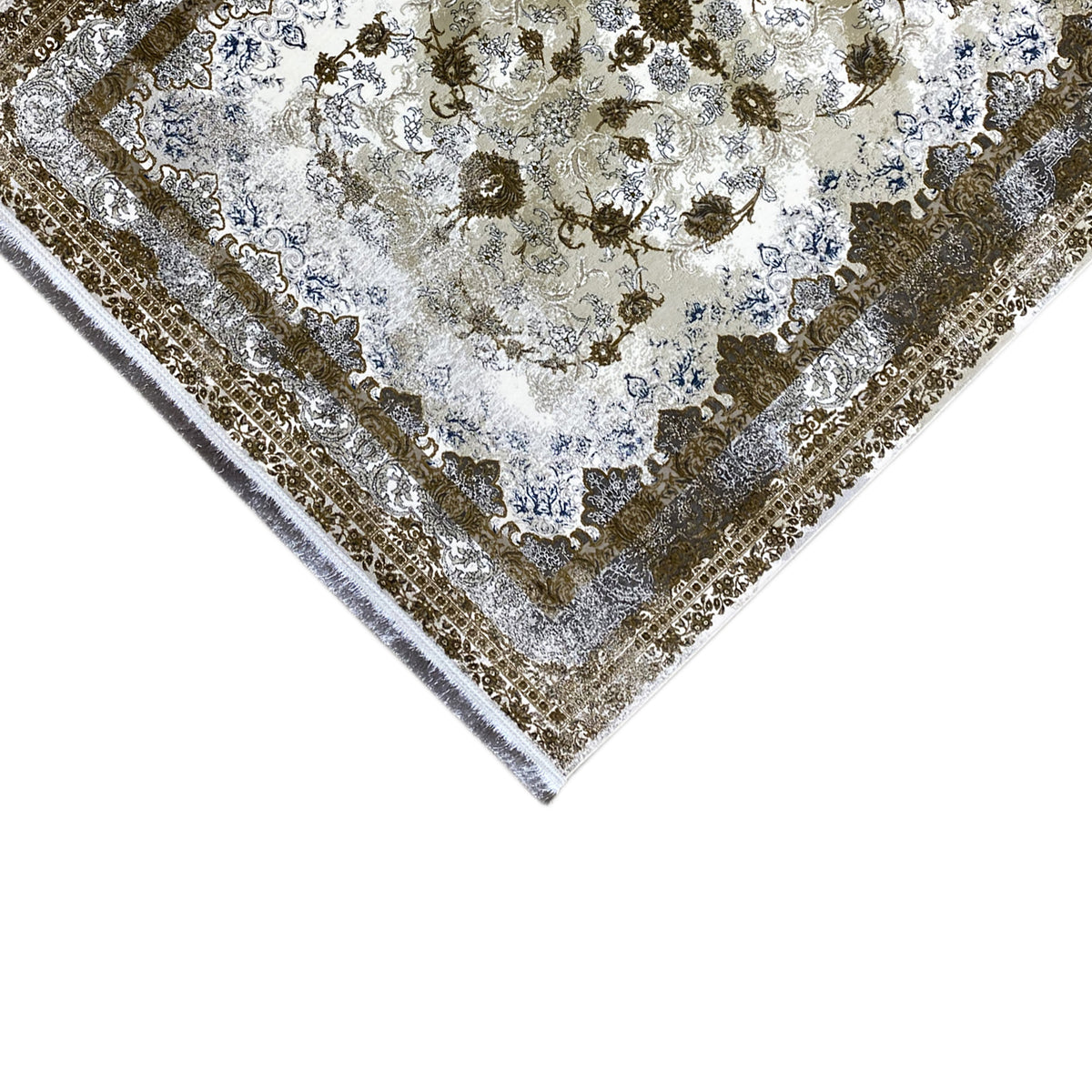 Teppich 170x240 cm, Nahansicht der Ecke mit silbrigem Rahmen und Ornamenten