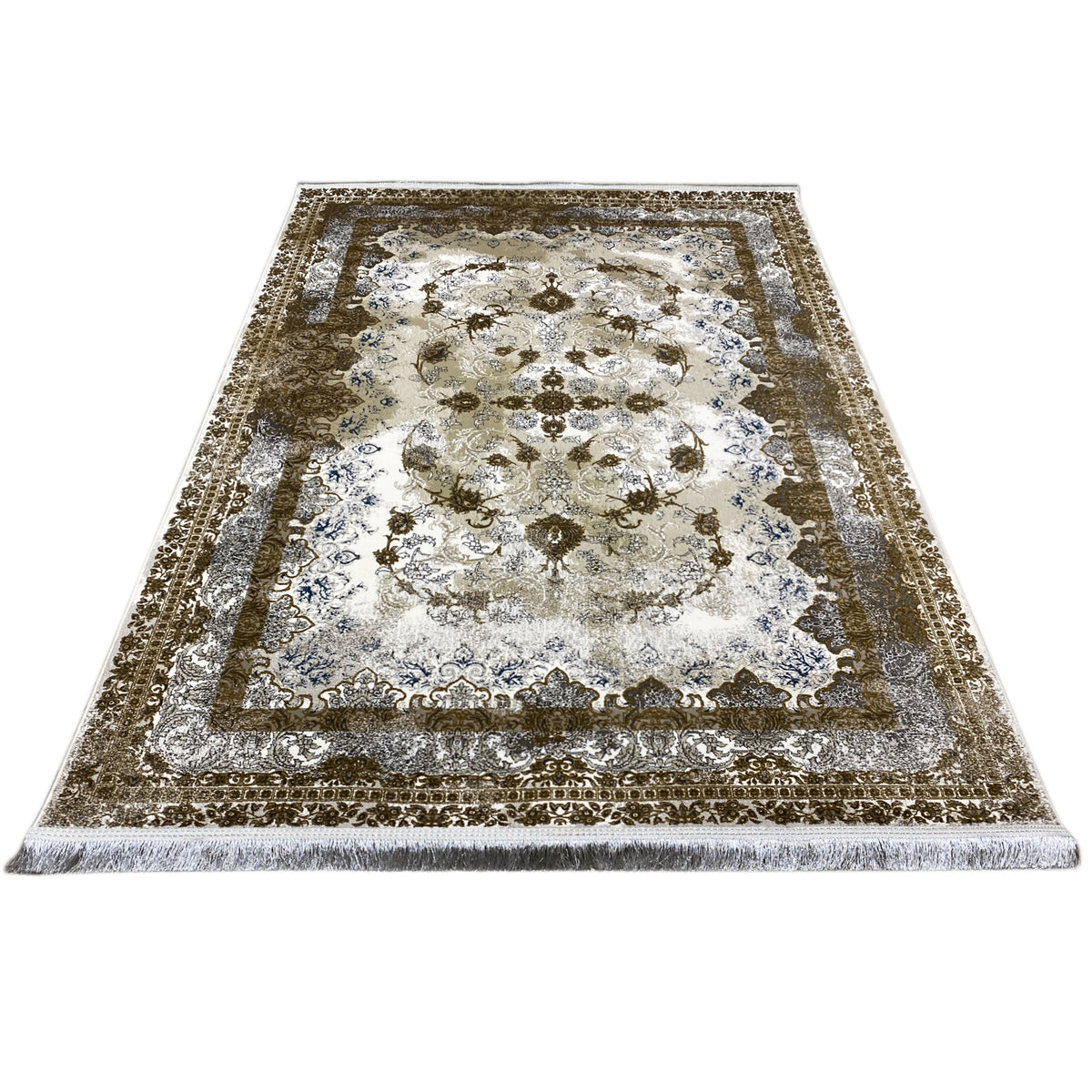 Teppich 170x240 cm mit gemustertem Rand und zentralem Ornament in Braun/Blau