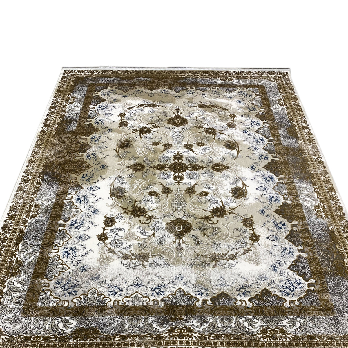 Teppich 170x240 cm, Frontansicht: zentrale Ornamente in Creme, Braun und Blau