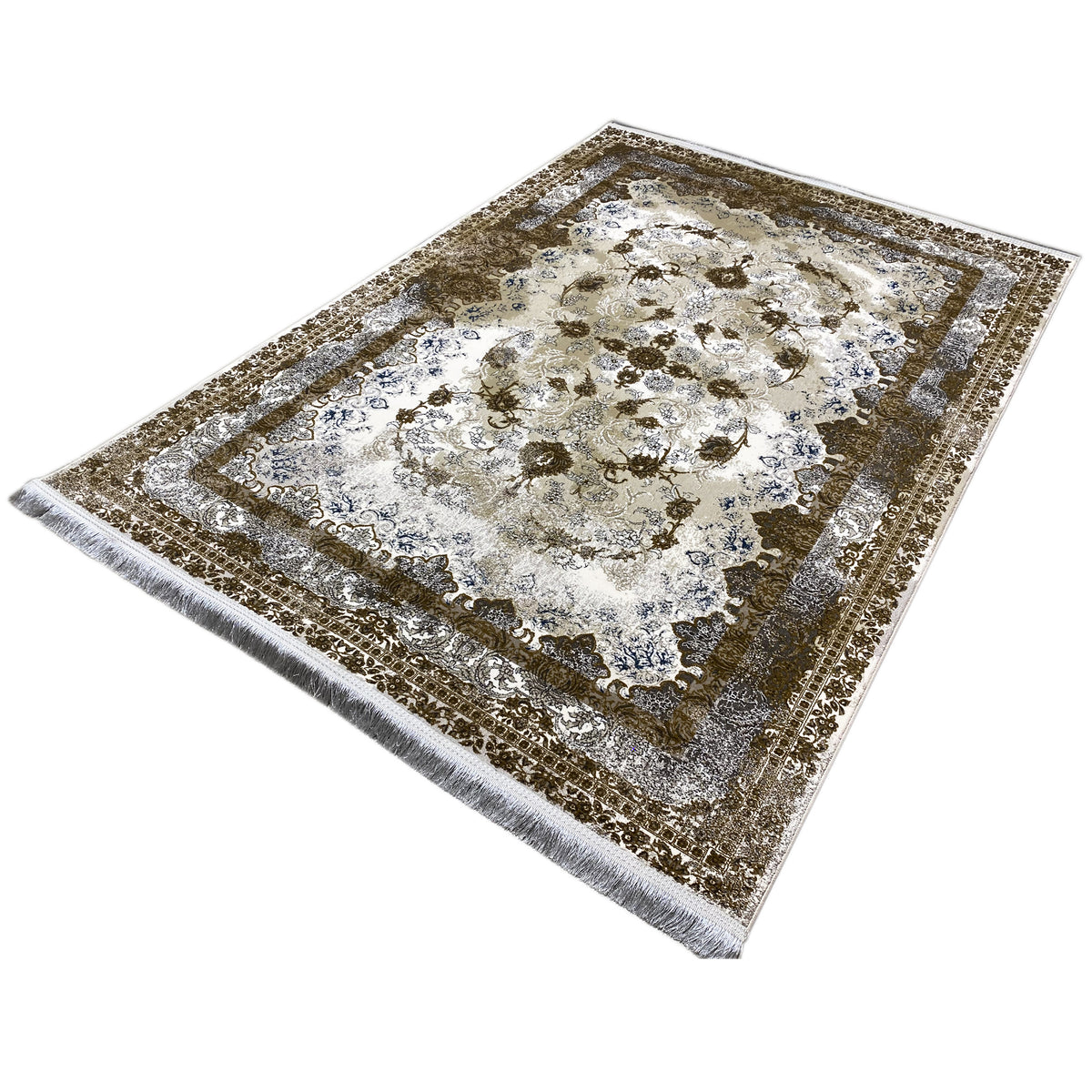 Teppich 170x240 cm, schräg gelegt: Cremegrund mit Braun- und Blaumotiven