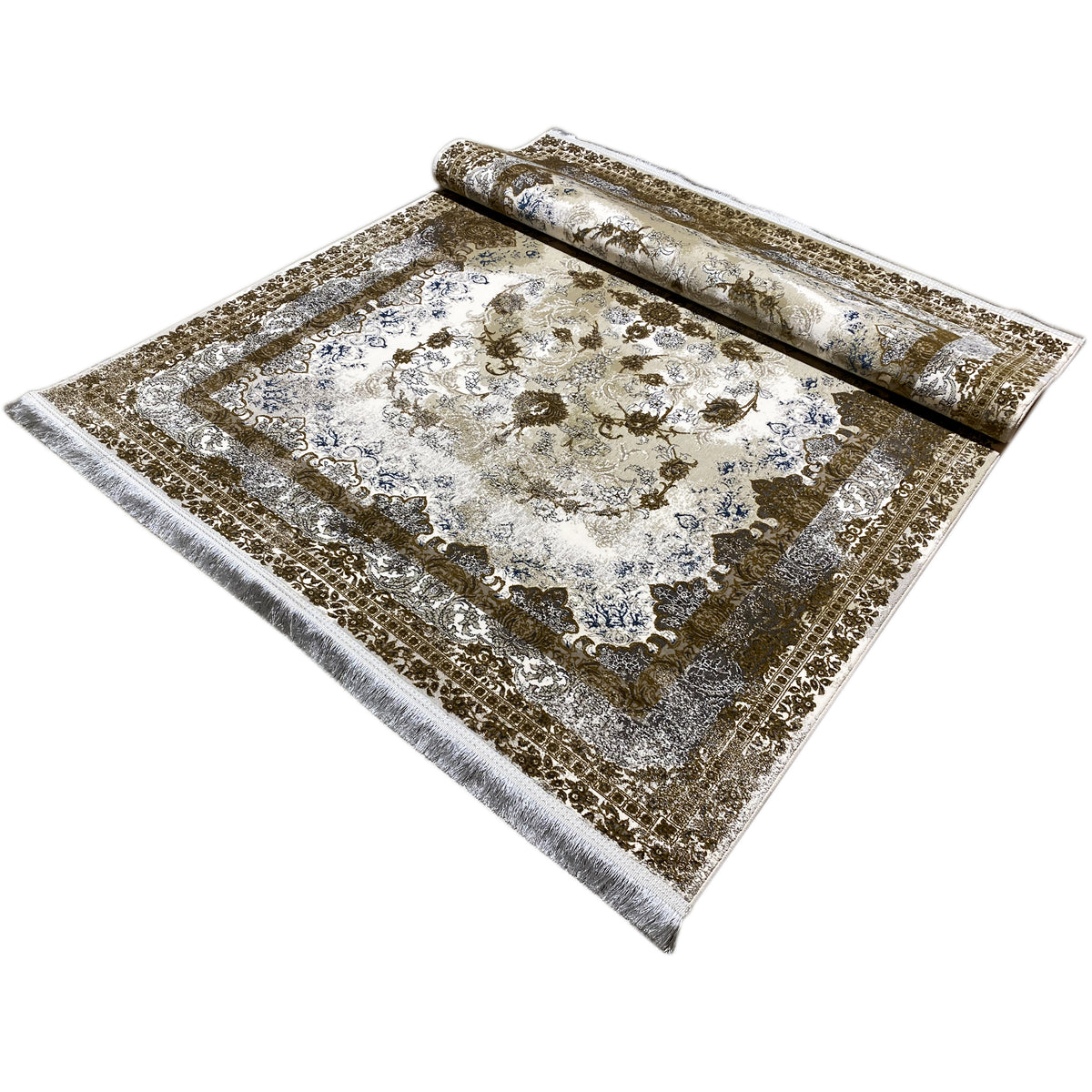 Teppich 170x240 cm mit eingerolltem Stoffteil und gemustertem Rahmen