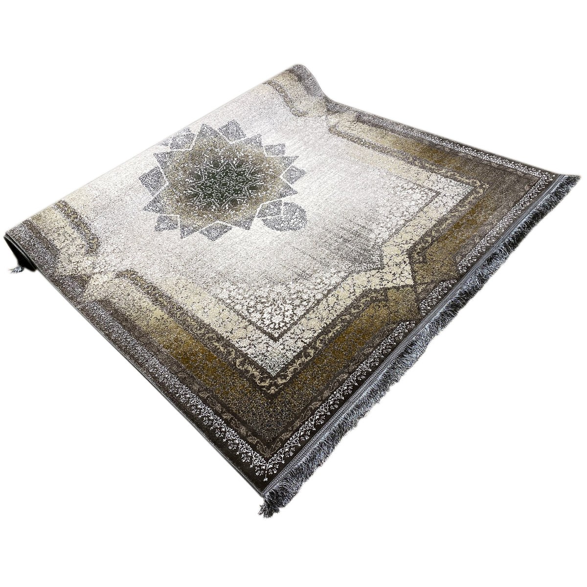 Teppich 170x240 cm mit ornamentalem Muster, hellbeige/grau und dunklem Rand, mit Fransen
