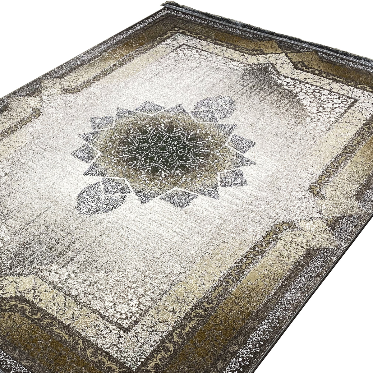 Teppich mit Detail-Medaillon, geometrischen Ornamenten und kontrastierenden Rahmen in Hell und Oliv-Gold