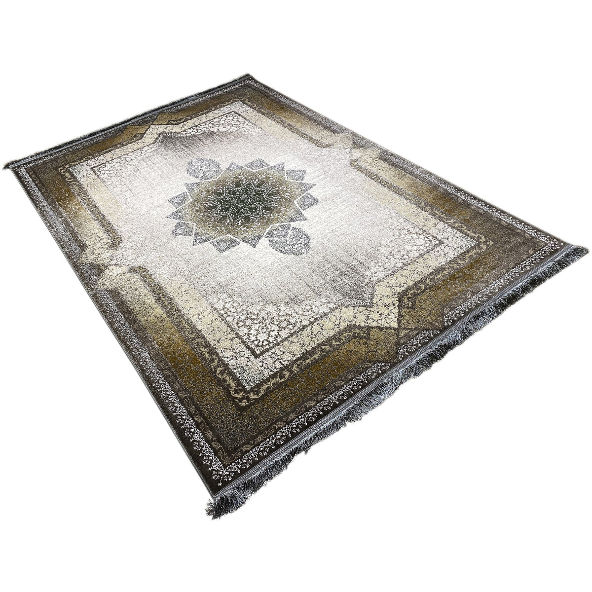 Teppich 170x240 cm mit Rauten-/Sternmotiv und Bordüre, feine Fransen an den Kanten