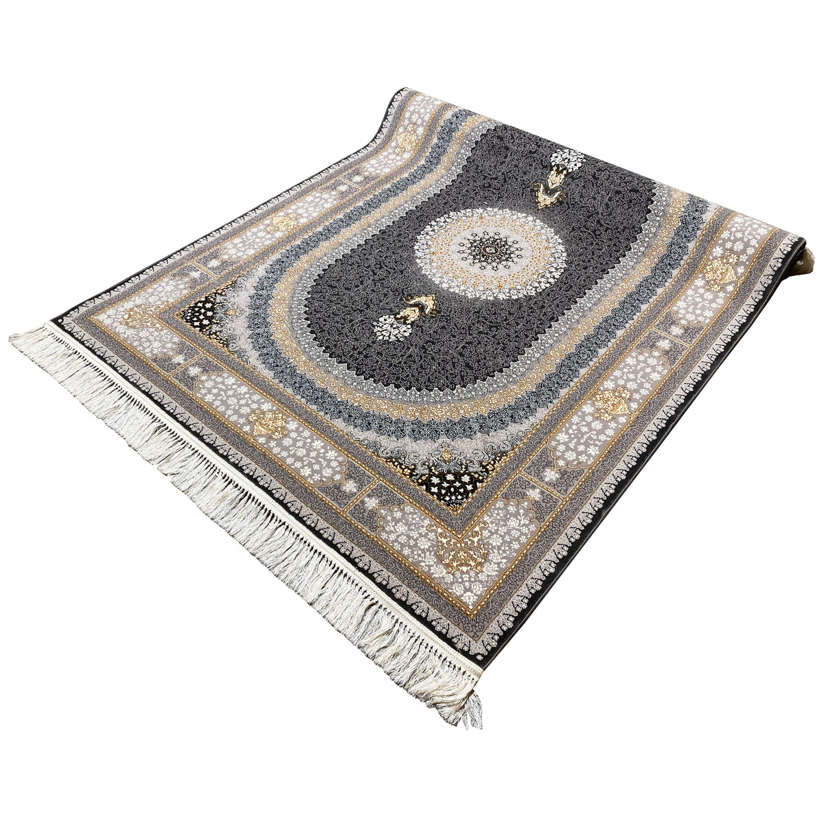 Dreieckiger Teppich im Faltblick mit ornamentalen Ringen, dunklem Grund und Fransen