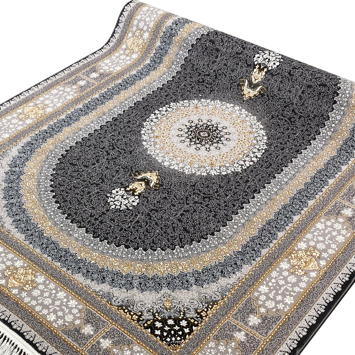 Teppichmotiv aus dunklem Muster mit rundem Zentrum, Zierlinien in Grau, Beige und Gold