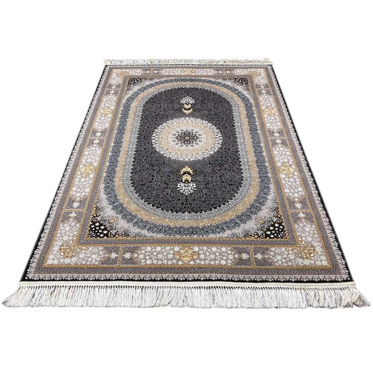 Ornamentaler Teppich rechteckig mit Medaillon-Design, dunklem Grund, goldfarbenen Applikationen