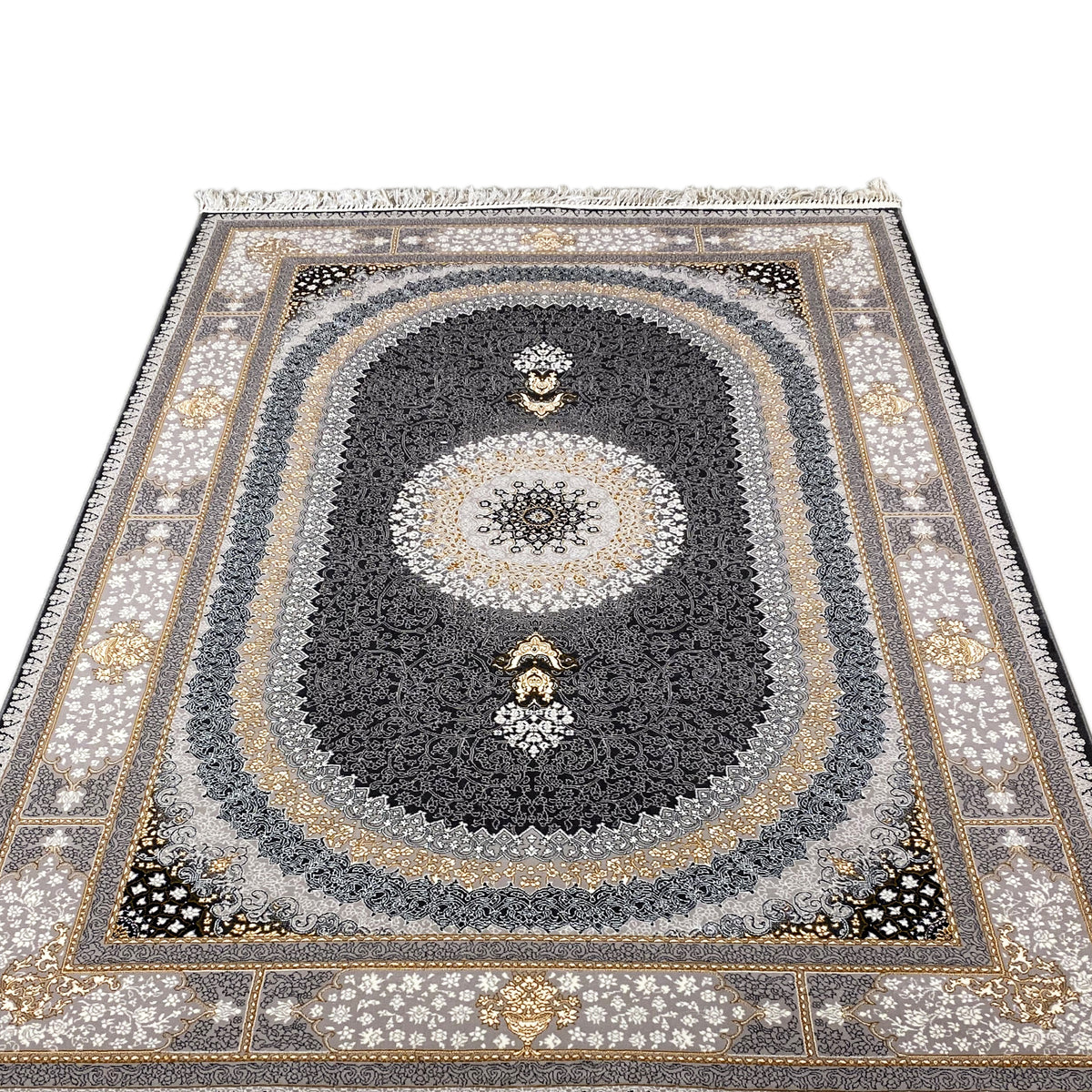 Teppich mit symmetrischem Muster, rundem Mittelmotiv, Fransenrand und goldfarbenen Akzenten
