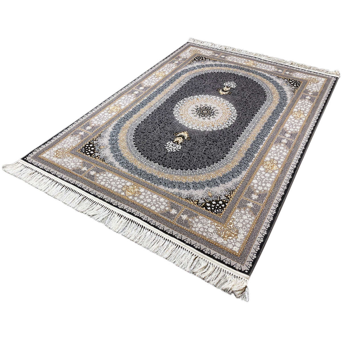 Ornamentaler Teppich „Lara“ mit dunklem Oval, Goldakzenten und Fransen, ca. 160x230 cm