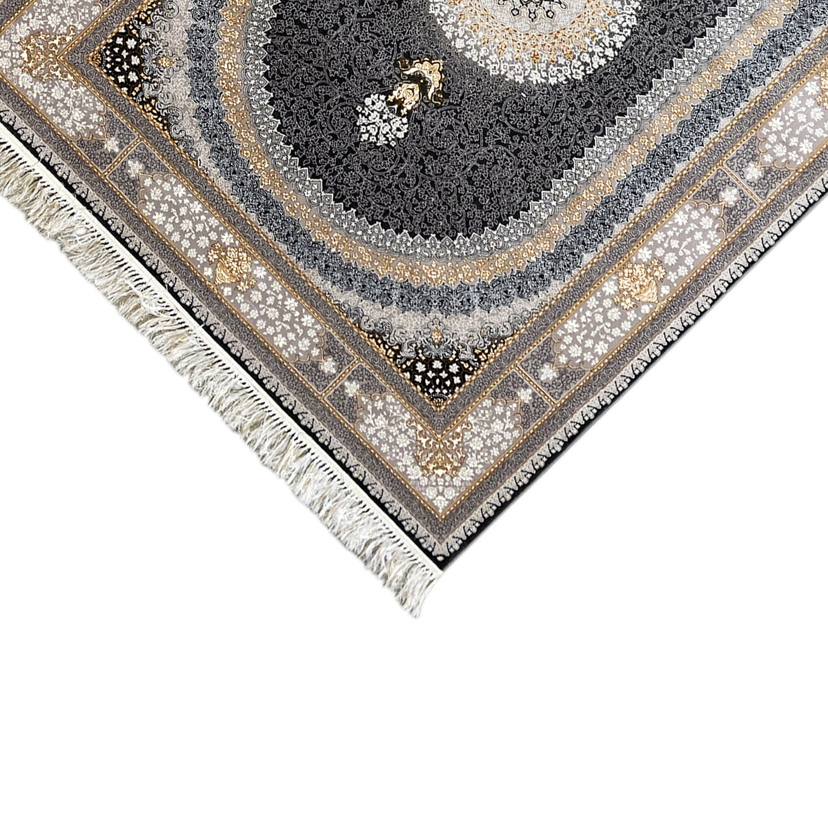 Teppich „Lara“: Detail des Randornaments mit Fransen und Kreis-Muster in Grau und Gold