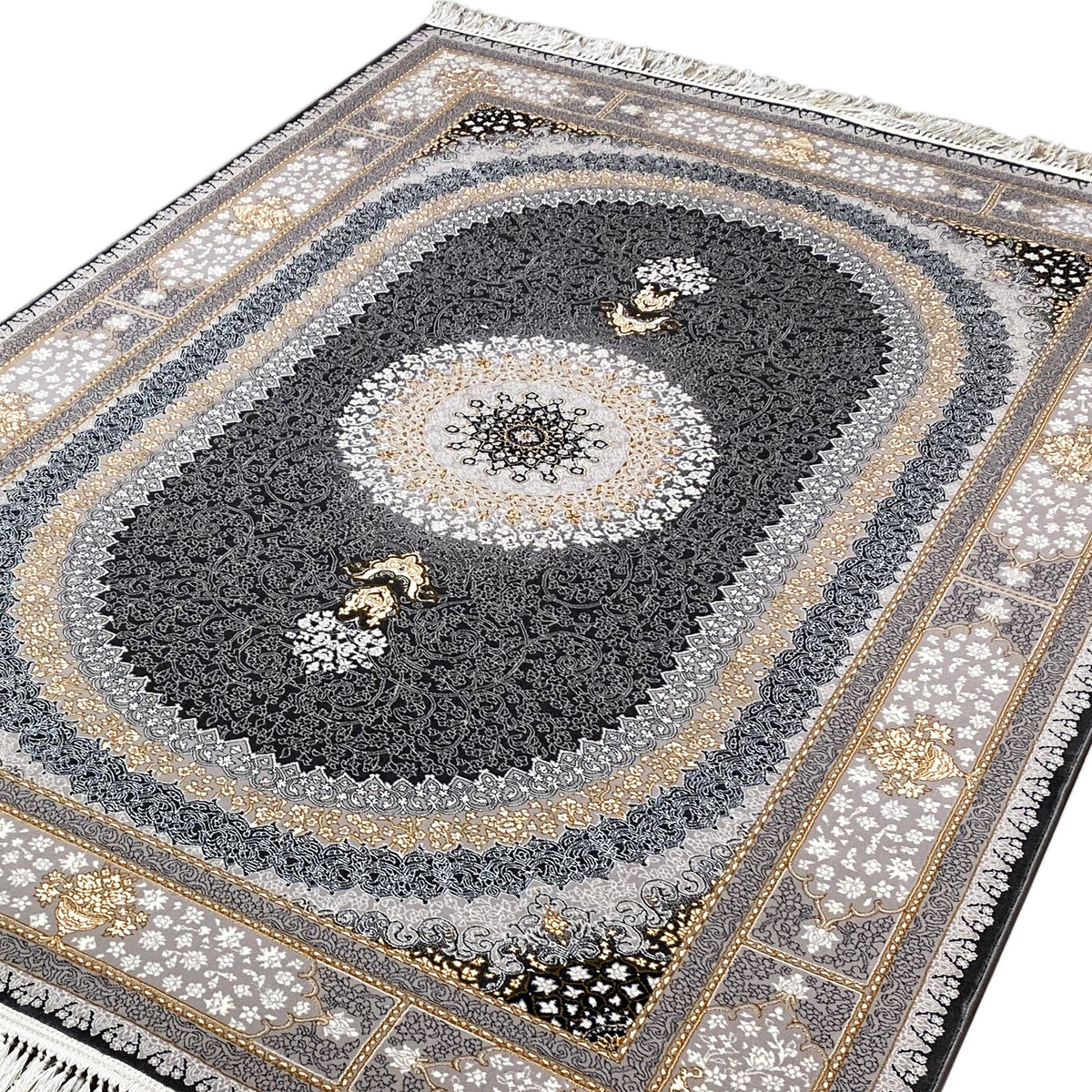Teppich „Lara“ Nahansicht: dunkles Zentralkreis-Motiv, Ornamente und Goldakzente, Fransen