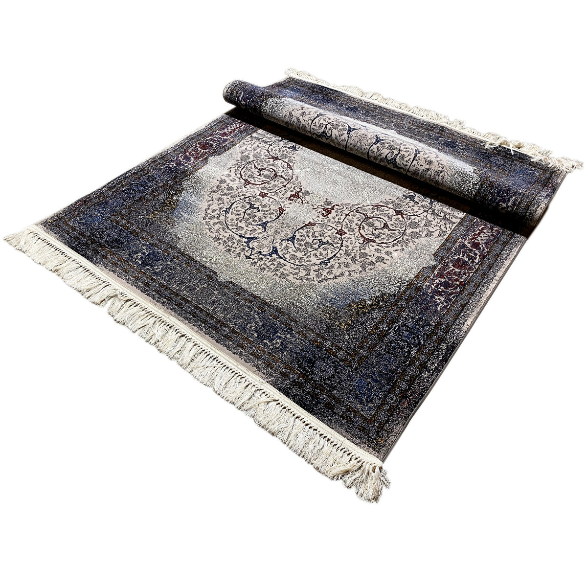 Teppich Sofia 160x230 cm, flachliegend; ornamentales Muster, hellgraues Zentrum, Fransen