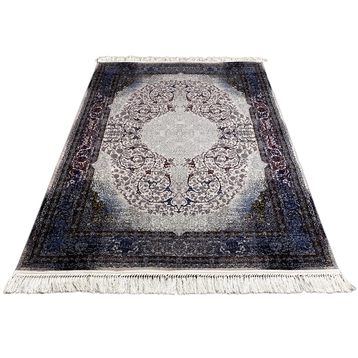 Teppich Sofia 160x230 cm, Draufsicht; rundes Medaillon, dunkelblauer Rand, Fransen