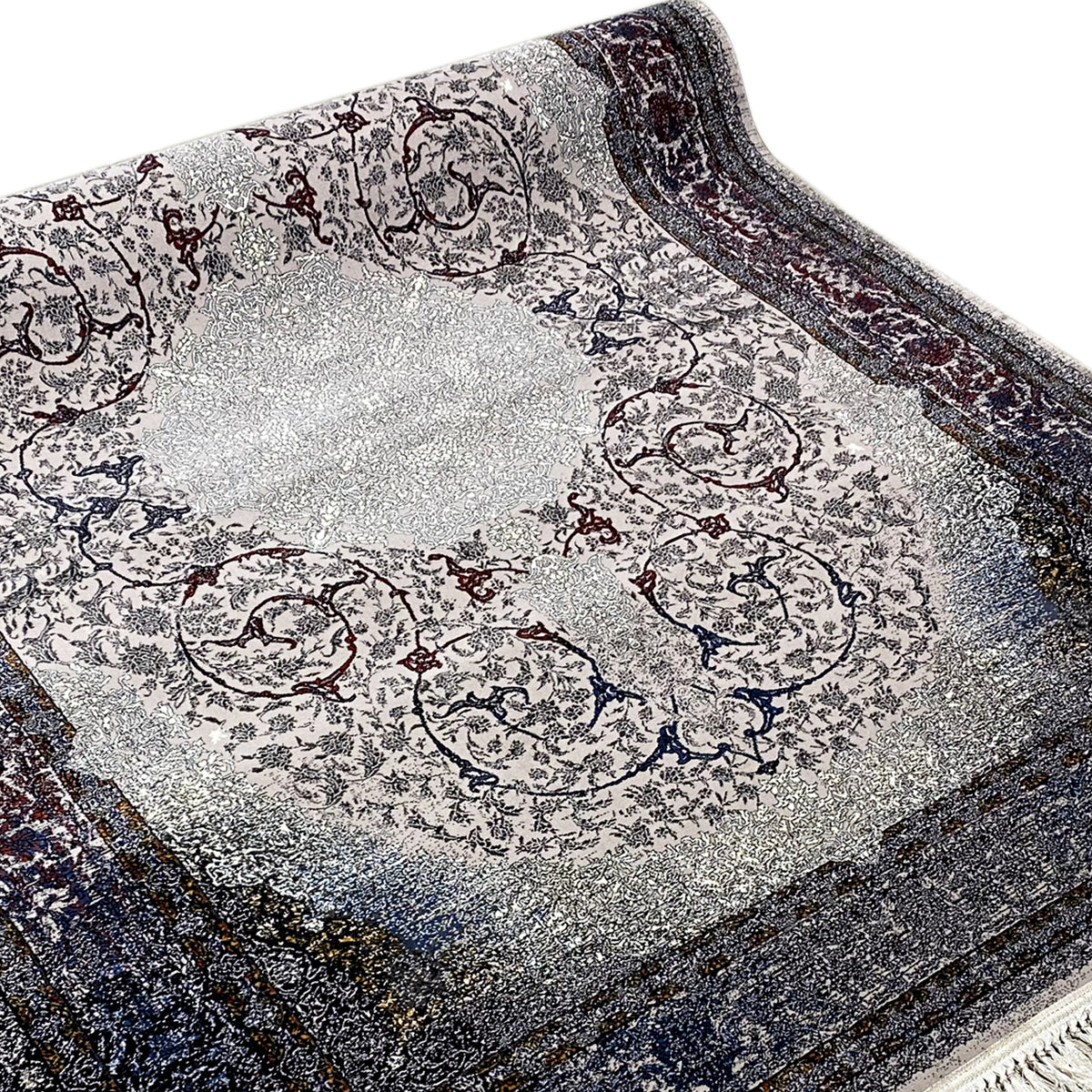 Teppich 160x230 cm mit hellgrauem Barockornament-Motiv und dunklem Bordürendesign