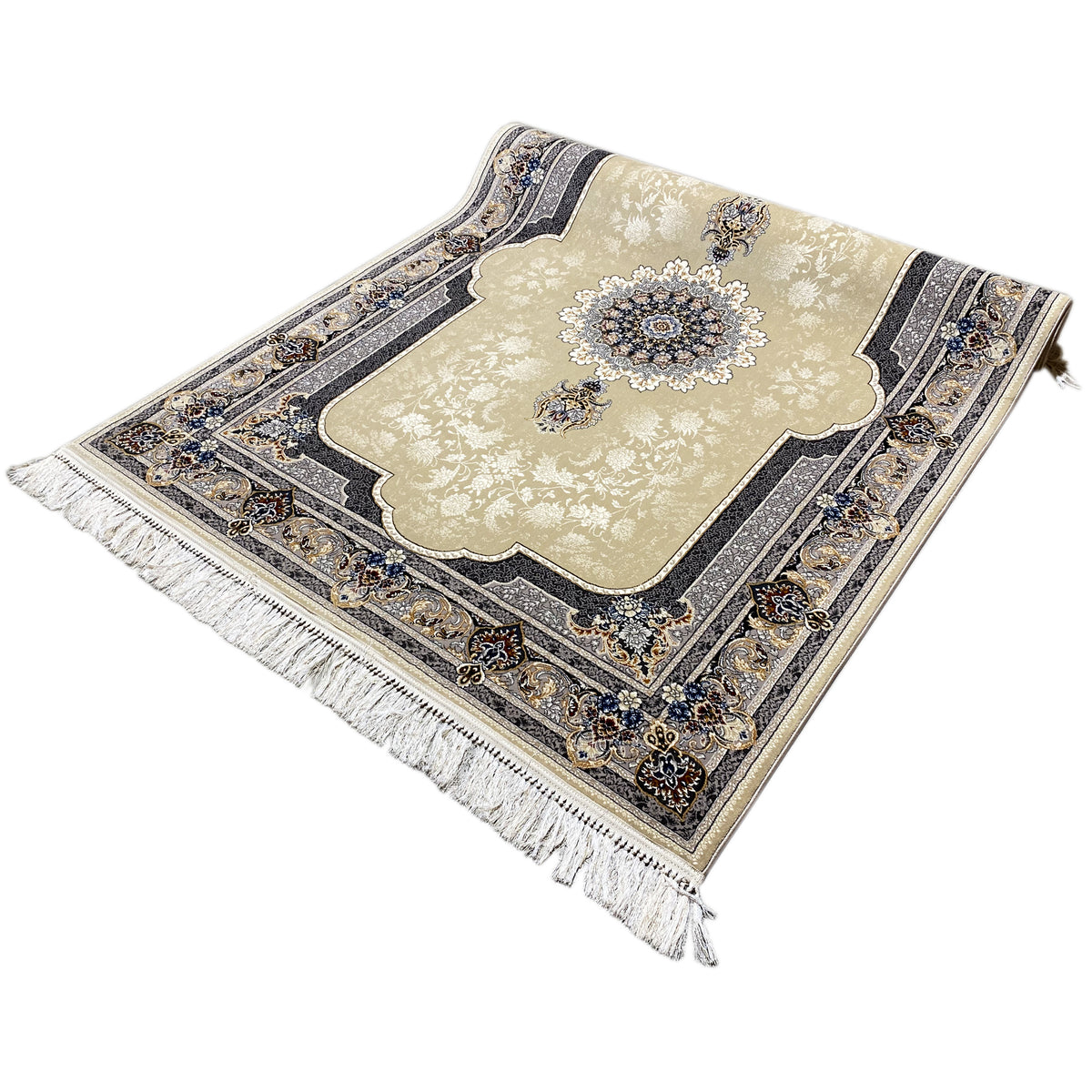 Niedlicher Zierteppich mit beige-goldener Fläche, blauem Rahmen und Troddel-Fransen