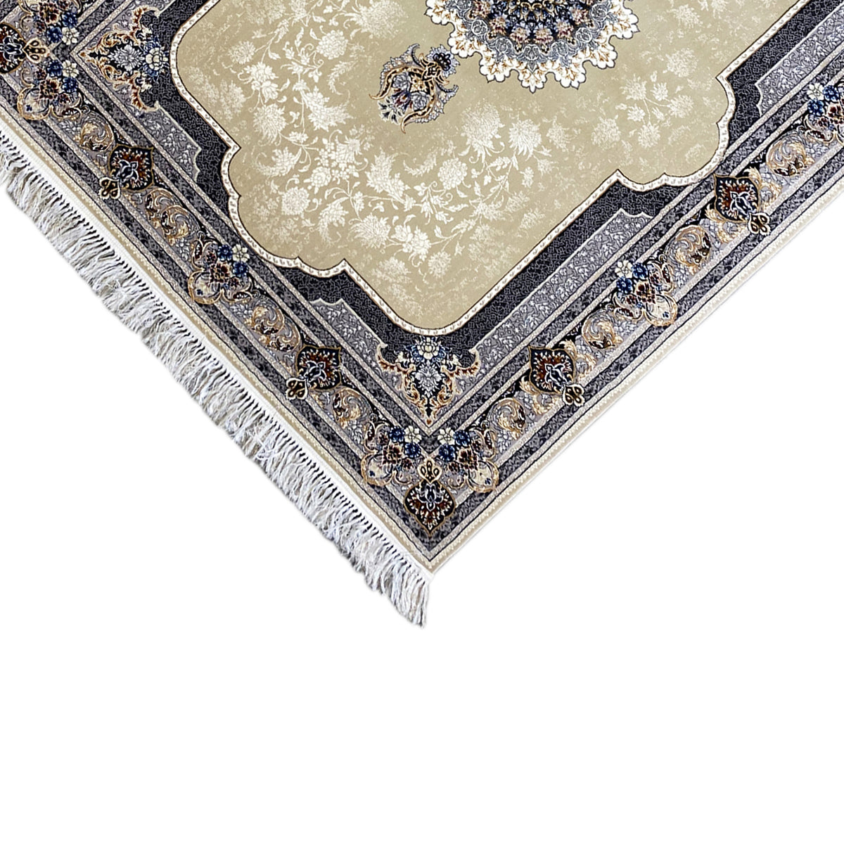 Beiger Orientteppich mit blauem Medaillon und Ranken, mit Fransen am Rand