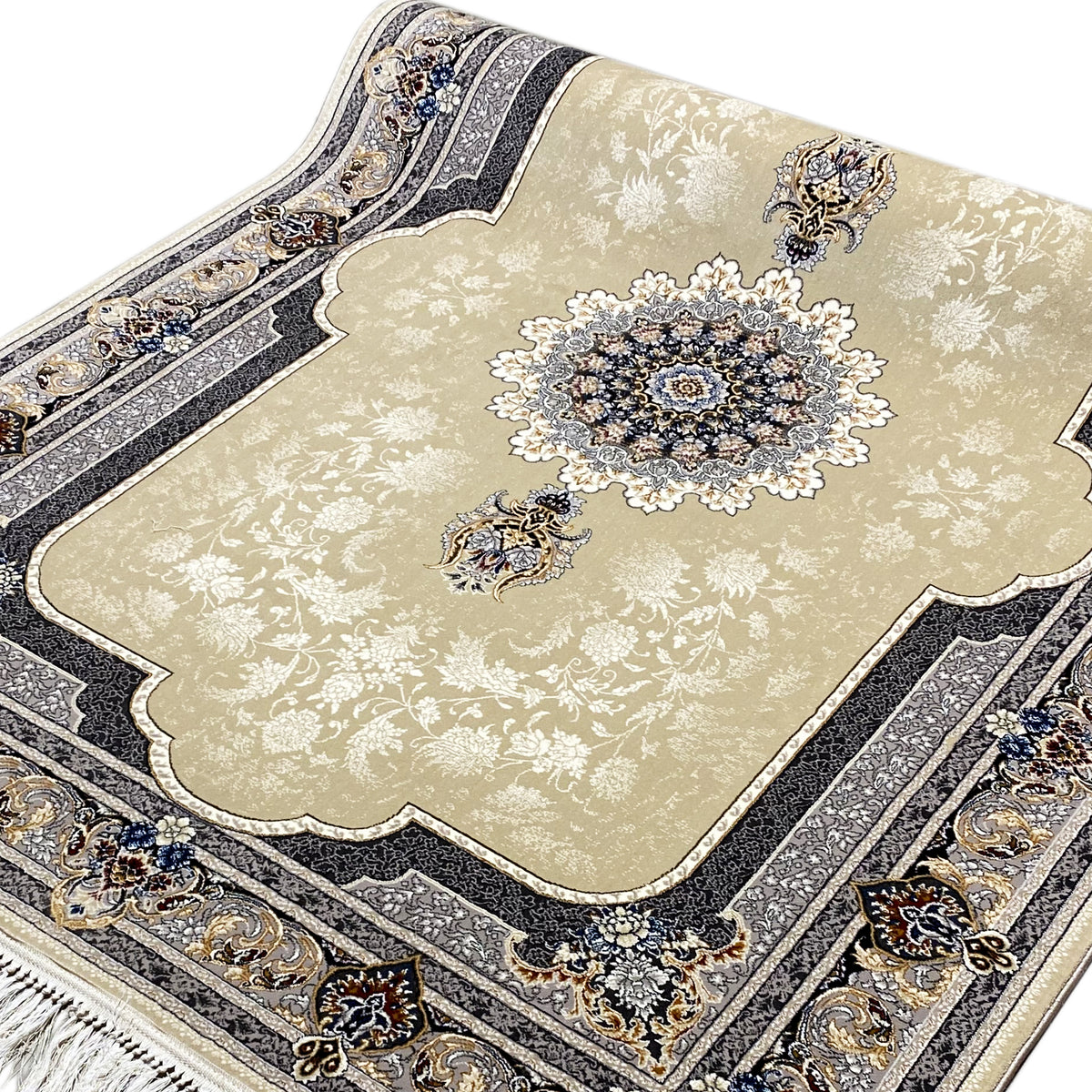 Beiger Teppich mit blau-goldenen Ornamentborten und Fransen, dichtes Dekormuster
