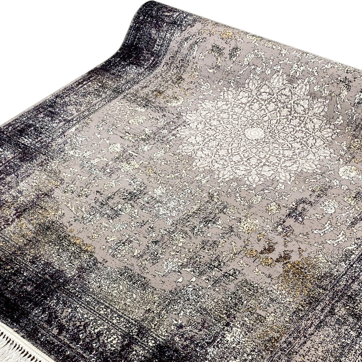 Vintage-Teppich in Grau mit Ornamentstruktur und geschwungenen Linien, beiger Fransenrand